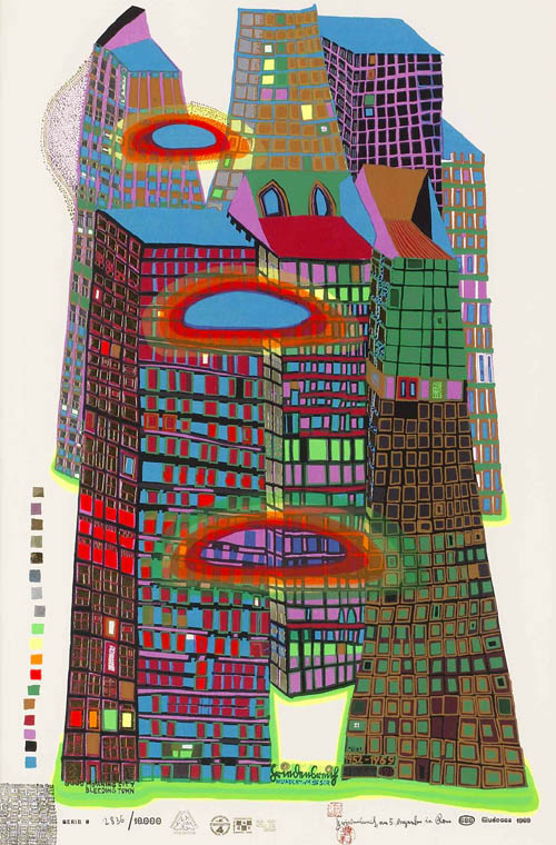 Hundertwasser - Good Morning City - Bleeding Town - series O - 1969 color screenprint